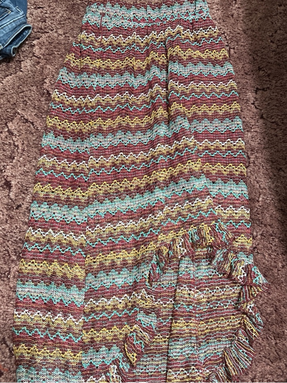 No Boundaries Multicolor Crochet Maxi Skirt — Teal, Mustard & Rust
